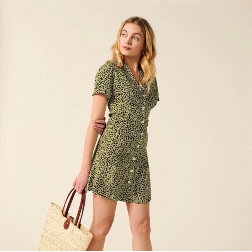 Rouje Marion mini button through puff sleeve floral shirt dress - 36/4